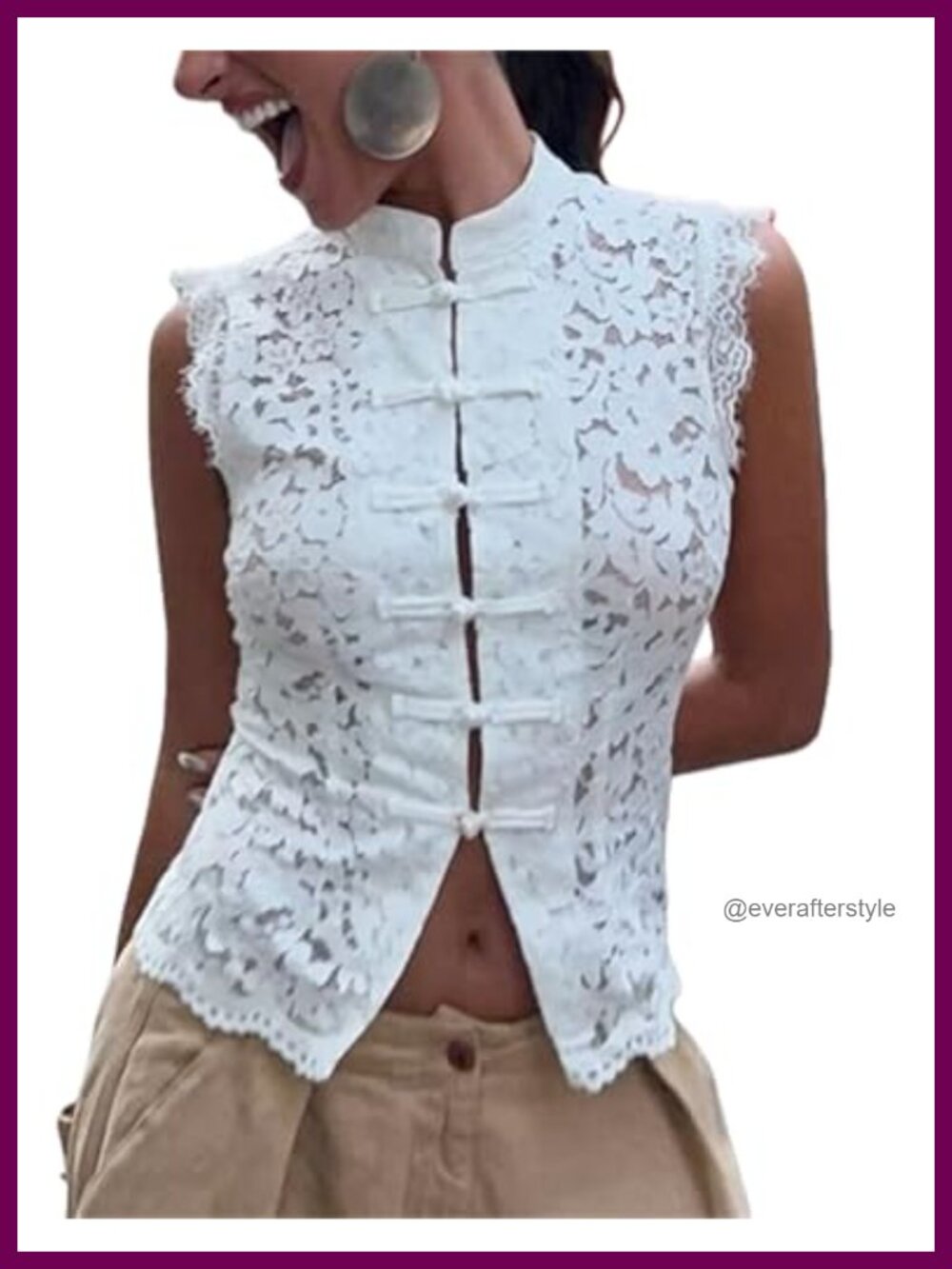 Lace Tank Top Frog Button Mandarin Collar Sleeveless Slim Fitted Y2k Coquette